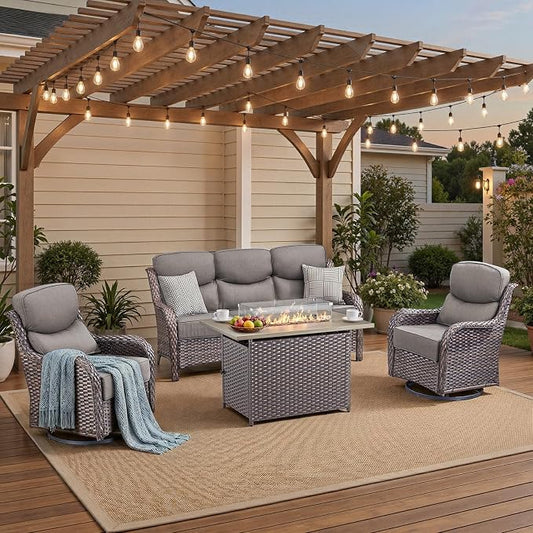 Luxury High Back Patio Furniture Set with 6-Inch Thick Cushions, 4-Pieces Outdoor Furniture with Swivel Chairs Fire Pit, Wicker Conversation Set for Porch, Balcony, Deck and Yard, Brown/Grey