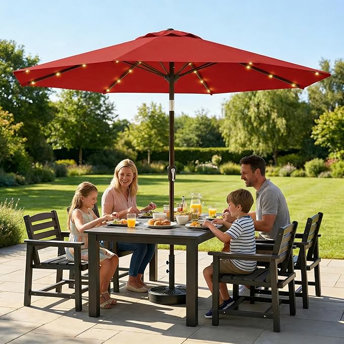 10FT Solar Lighted Patio Umbrella, Outdoor Table Market Umbrellas with Push Button Tilt and Crank, 32 LED Lights, 8 Sturdy Ribs, UV-Resistant for Deck, Garden, Pool