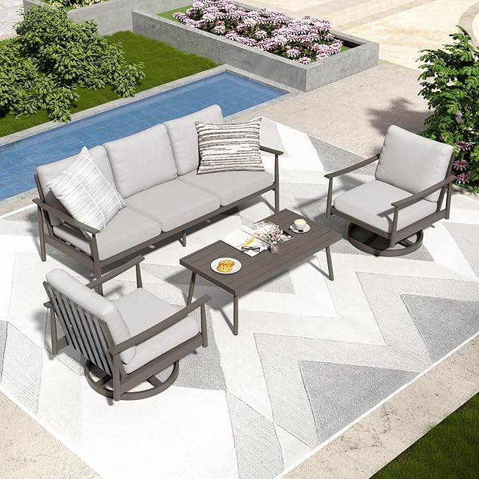 4 Pieces Patio Furniture Set, Aluminum Outdoor Patio Furniture Sets, 2 Swivel Chairs and 3 Seater Couch with Thick Cushion, Patio Conversation Set for Backyard Deck Poolside, Greige & Grey