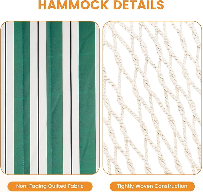 Lazy Daze Hammocks Rope Hammock with Pad, Spreader Bar, Carabiners, Tree Straps, Chains for Outside Patio- Max 450 Lbs, Green White Stripes