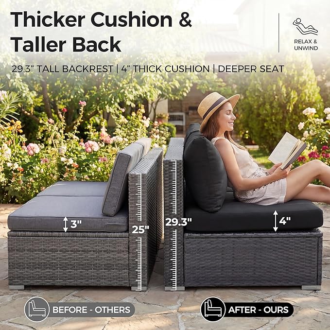NICESOUL 7 Piece Modern Outdoor Patio Furniture Set, Extra Large Grey Wicker Patio Modular Conversations with Tables, All-Weather Deep Sofa Couches for Backyard Deck, 2 Color Cushion Black & Gray