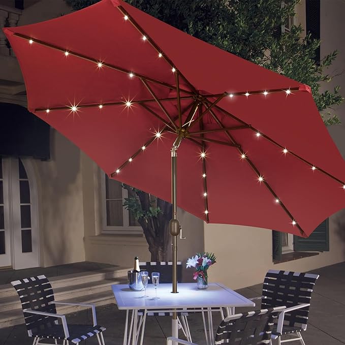 Blissun 9 ft Solar Umbrella, 32 LED Lighted Patio Umbrella, Table Market Umbrella, Outdoor Umbrella for Garden, Deck, Backyard, Pool and Beach (Burgundy)