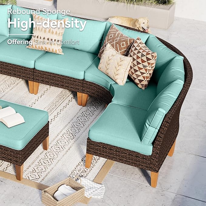 GREEN PARTY 10 Pieces Wicker Patio Furniture Set, All-Weather Outdoor Rattan Half-Moon Curved Patio Sectional Sofa Conversation Set with 4" Thick Cushions for Garden, Backyard, 2 x Ottomans (Blue)