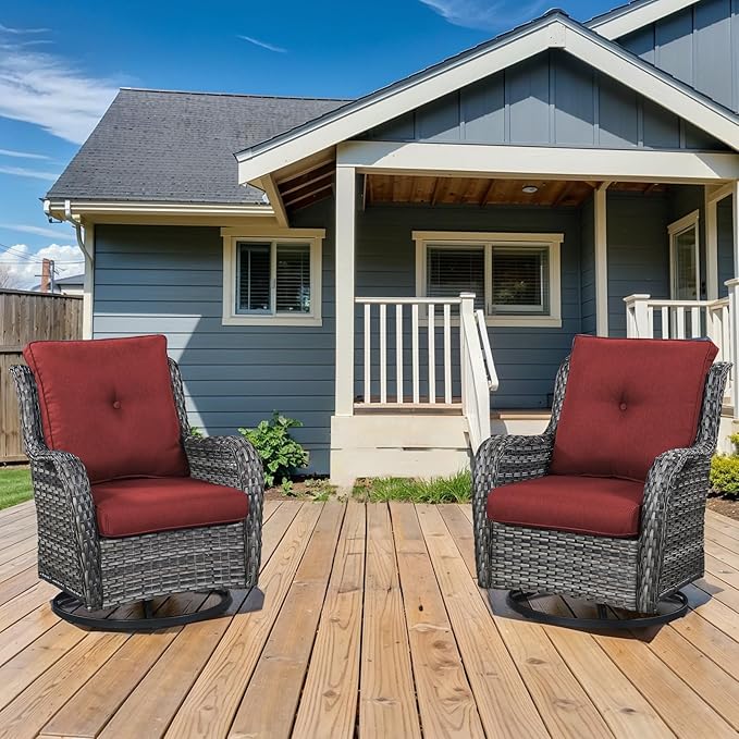 Outdoor Swivel Rocker Patio Chairs-Wicker Patio Swivel Chairs Set of 2 PE Rattan Patio Furniture for Porch Deck Balcony Garden-Grey/Red