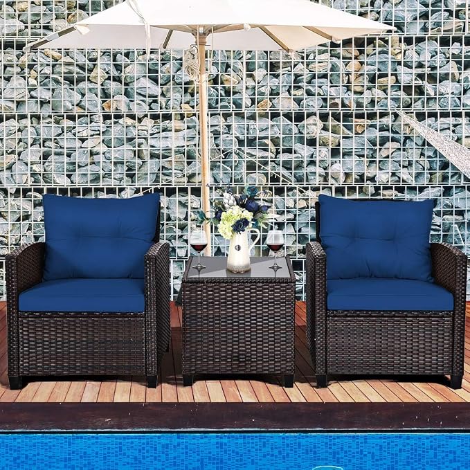 DORTALA Wicker Patio Furniture Set 3 Piece, Outdoor Table and Chairs with Tempered Glass Tabletop, Cushions, Small Rattan Conversation Sofa Set for Balcony, Porch, Backyard, Deck, Navy