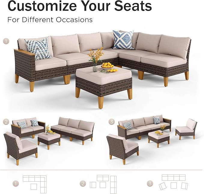 PHI VILLA 8-Piece Outdoor Patio Conversation Set with 56" Fire Pit Table, Outdoor Rattan Furniture Patio Set for 7 Seats with Cushioned 3 x Armrest Chair, 2 x Ottoman and 2 x Armless Sofa, Beige
