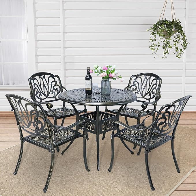 5-Piece Outdoor Patio Dining Set, All-Weather Cast Aluminum Patio Table Set, Include 4 Chairs and a 35.4 inch Round Table w/Umbrella Hole for Balcony Garden Backyard