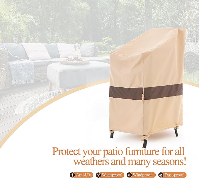 WJ-X3 Stackable Patio Chair Cover, Heavy Duty, Wind Resistant and Waterproof Outdoor Lawn Chair Covers, 28W x 36D x 45H, (4-6 Stacked Chairs), Beige/Coffee, 1-Pack