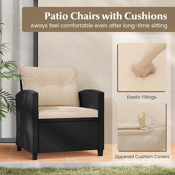Tangkula 3 Piece Patio Furniture Set, Rattan Conversation Set w/Soft Seat & Back Cushions, Tempered Glass Topped Coffee Table, Cushioned Wicker Seating Set for Backyard, Porch, Poolside (Beige)