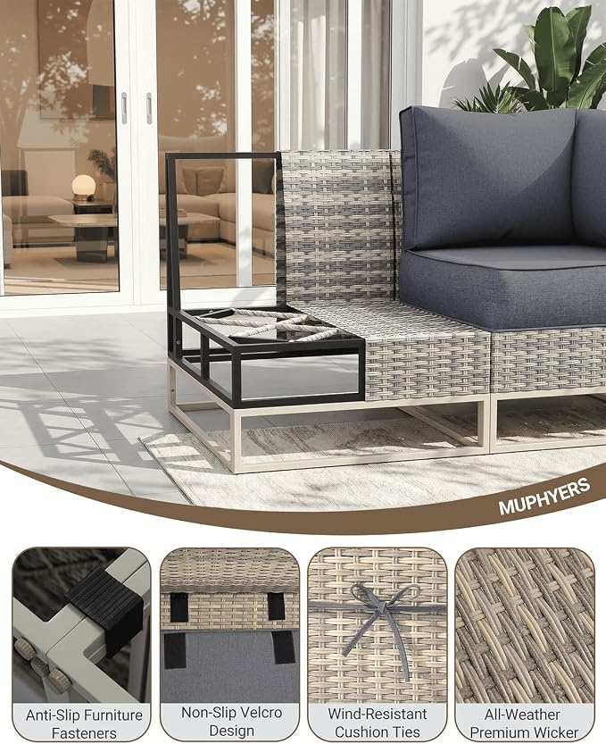 Outdoor Patio Furniture Set 12-Piece PE Rattan Wicker Outdoor Sectional Sofa with Thickened Cushions and Chunky Arms, Modern Modular L-Shaped Conversation Set for Garden, Backyard, Slate Grey
