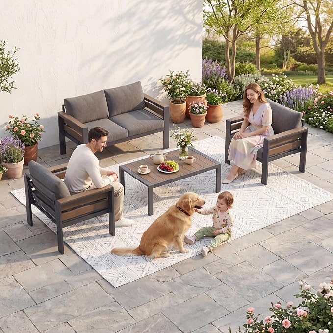 SUNYRISY Aluminum Outdoor Patio Furniture Set with Coffee Table, 4 Piece Metal Outdoor Modern Conversation Sets with Thick Cushions, Sectional Sofa Couch Set for Porch, Deck, Backyard