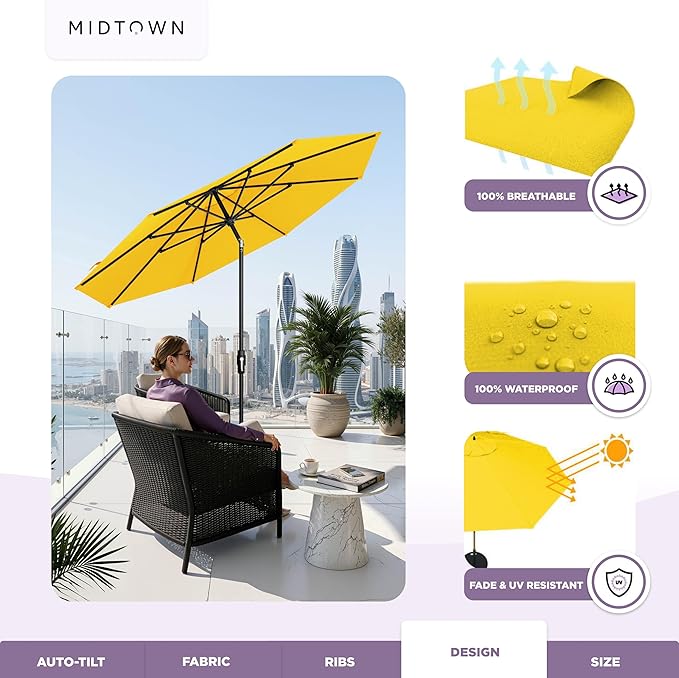 Midtown Umbrellas – The Swilt 9 Ft Patio Umbrella with 360° Swivel & Tilt Mechanism, Sunbrella Fabric & 8 Fiberglass Ribs – Outdoor Umbrella for Deck, Pool & Cafes – Yellow Canopy, Black Pole