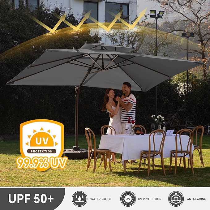 9 X 12 FT Cantilever Outdoor Patio Umbrella with Base Included Large Heavy Duty 360° Rotation Double Top Offset Rectangular Umbrellas with LED Lights for Backyard Outside Deck, Grey