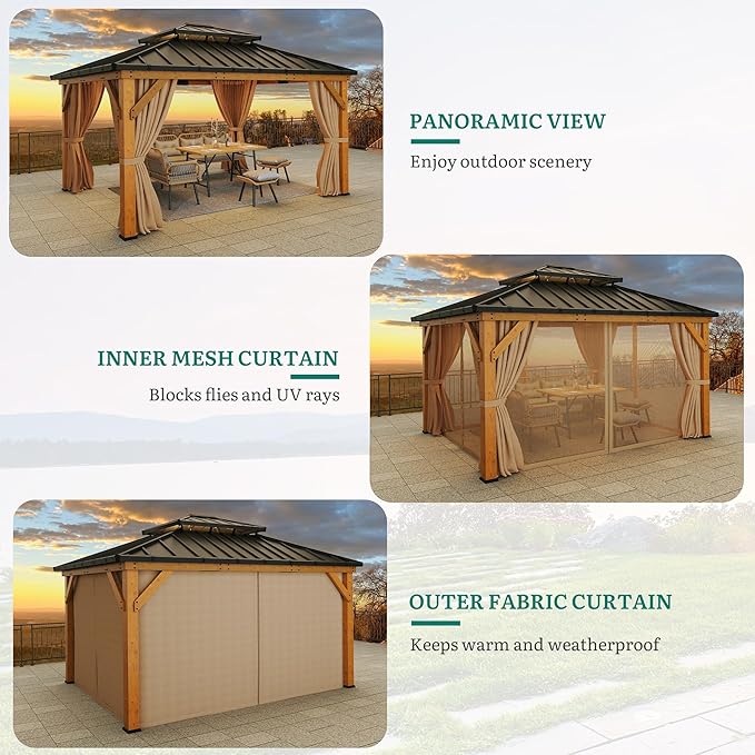 YITAHOME 13X15 Wood Gazebo Hardtop with Nettings and Curtains, Heavy Duty Double Roof Galvanized Steel Outdoor Wood Frame Roof for Patio, Backyard, Deck, Lawns
