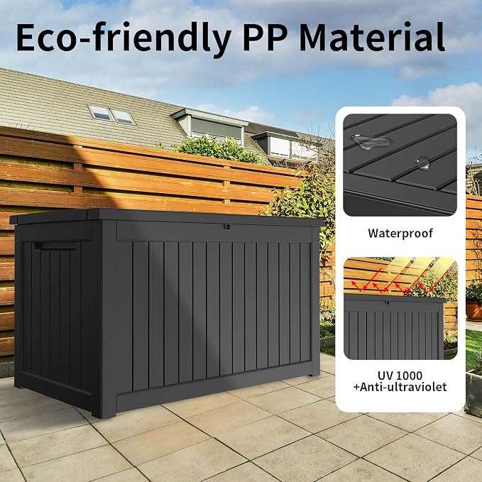 230 Gallon Waterproof Outdoor Resin Deck Box with Lockable Lid,Minimalist Wood Grain Pattern, Easy Assembly Features and Convenient Handles For Cushion, Pillows and other Patio Furniture(Black)