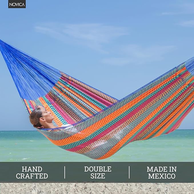 NOVICA Artisan Handmade Cotton Hammock Striped Rope Double Blue Orange Mexico Mayan [Bed Size 78in L x 70in W Total Length 158in L] ' Colors of Mexico' Double