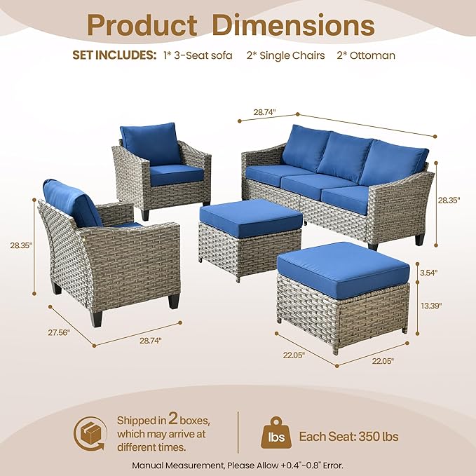 5 Pcs Patio Conversation Set for 7 Seats, Rattan Wicker Outdoor Patio Furniture Set, 2 x Single Chair, 2 x Ottoman, 3-Seat Sofa for Lawn Garden Backyard(Blue)