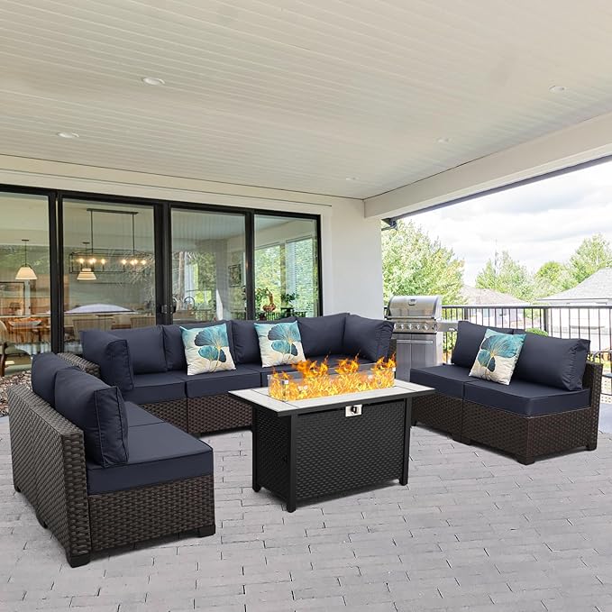 9 Pieces Wicker Patio Furniture Set Outdoor PE Rattan Sectional Conversation Sofa Set with Navy Blue Cushions and 45 Gas fire Pit Table