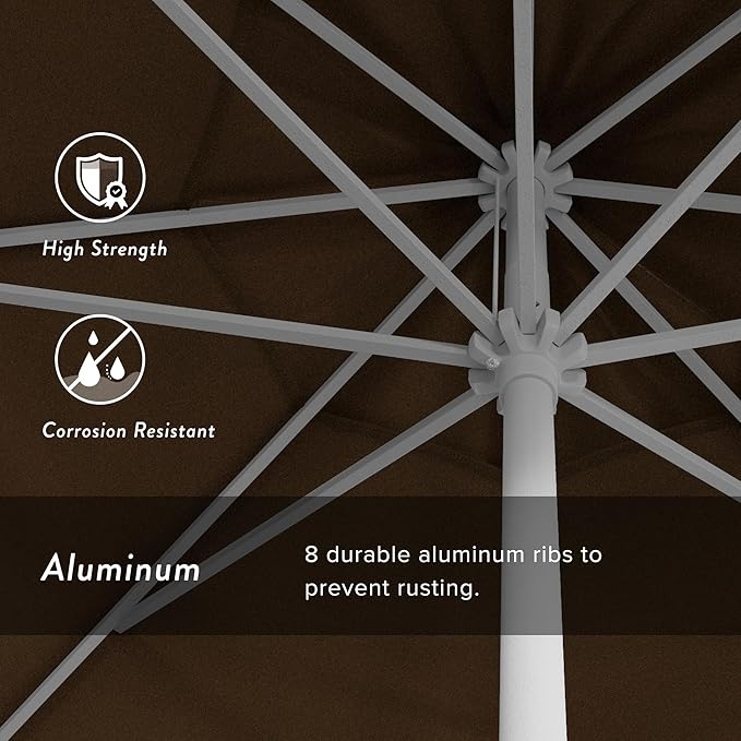 California Umbrella 12-Year Protection 9' Rd Aluminum Patio Umbrella, Crank Lift, Auto Tilt, White Finish, Sunbrella Teak