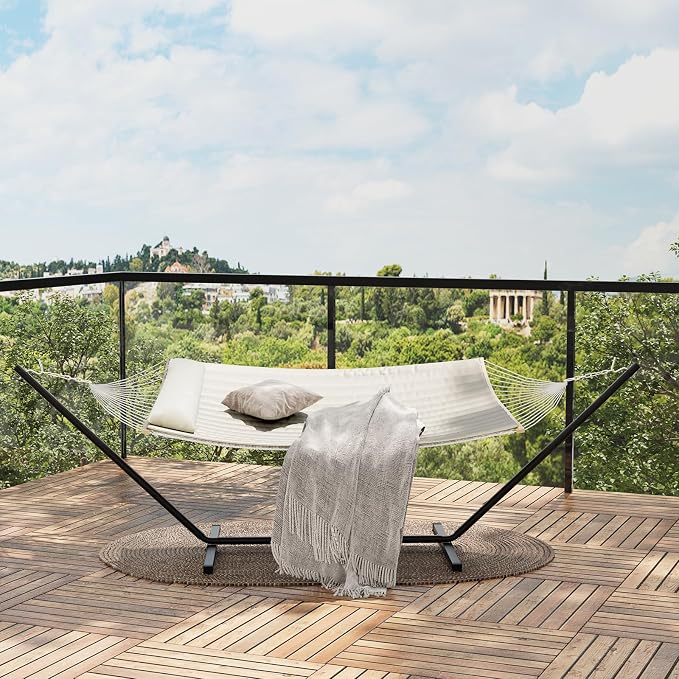 Double Hammock with Stand Curved-Bar Hammock, 450 Lb Capacity, Perfect for Outdoor Indoor Backyard Patio Beach