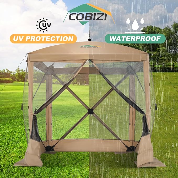COBIZI 6x6 FT Pop up Gazebo, Popup Canopy Tent, Screened in Gazebos, Waterproof Portable Outdoor Small Screen Tents Sun Shelter,carpas para Patio for Camping, Garden and Backyard,Khaki