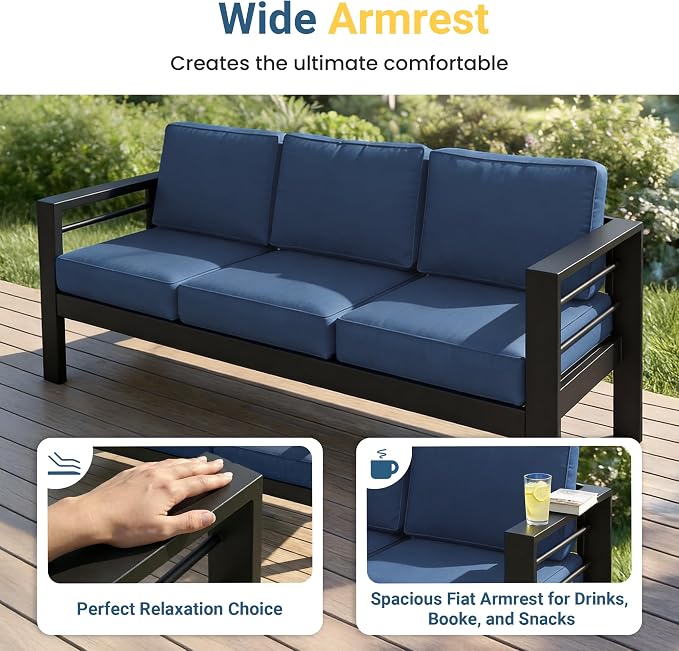 Wisteria Lane 6 Pieces Aluminum Patio Furniture Set with Umbrella, All Weather Oversized Outdoor Furniture Set with Deep Seat and Back Cushion, Patio Conversation Sets with Wide armrest, Blue & Kahki