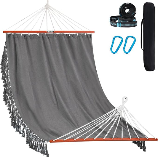 Lazy Daze Hammocks Cotton Fabric Double Hammock with 55" Spreader Bar, Portable Camping Hammock with Carrying Bag & Tree Straps for Patio, Backyard, Balcony, 450lbs Capacity, Dark Gray