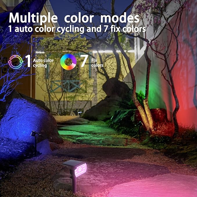 Solar Spot Lights Outdoor 2 Pack, RGB Color Changing & Warm White, 2-in-1 Stake & Strap Mounted Solar Lights, IP65 Waterproof, Auto On/Off Landscape Lighting for Garden, Yard, Tree, Wall