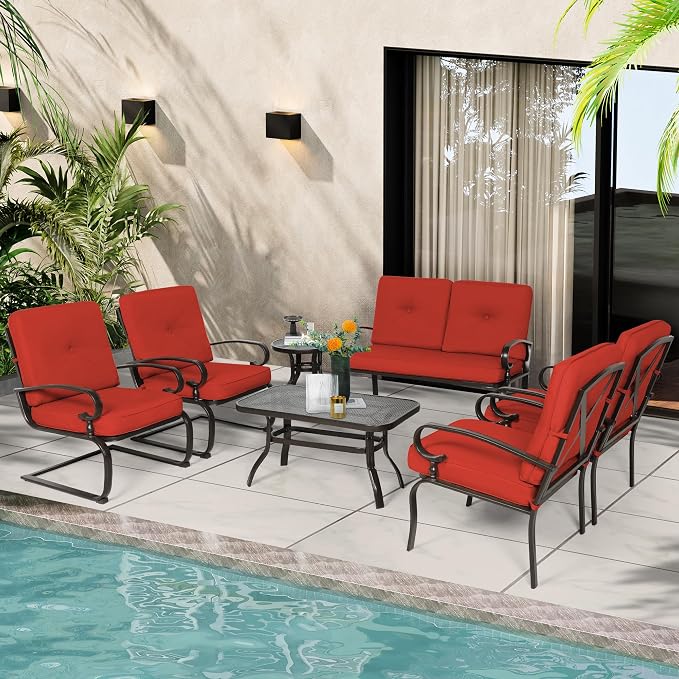 Incbruce 7 Piece Wrought Iron Patio Furniture Set Metal Outdoor Conversation Sets (Loveseat, Coffee Table and Bistro Table, 2 Spring Chair, 2 Dining Chairs) with Cushion (Red)