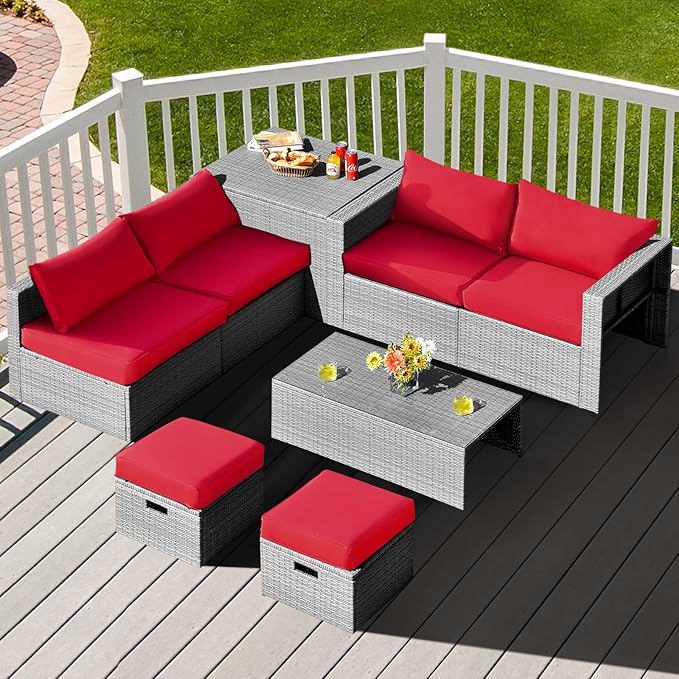 DORTALA 8 Pieces Patio Furniture Set, PE Rattan Sectional Sofa Set with Tempered Glass Table & Waterproof Cushions, Outdoor Wicker Conversation Set for Balcony, Poolside, Red