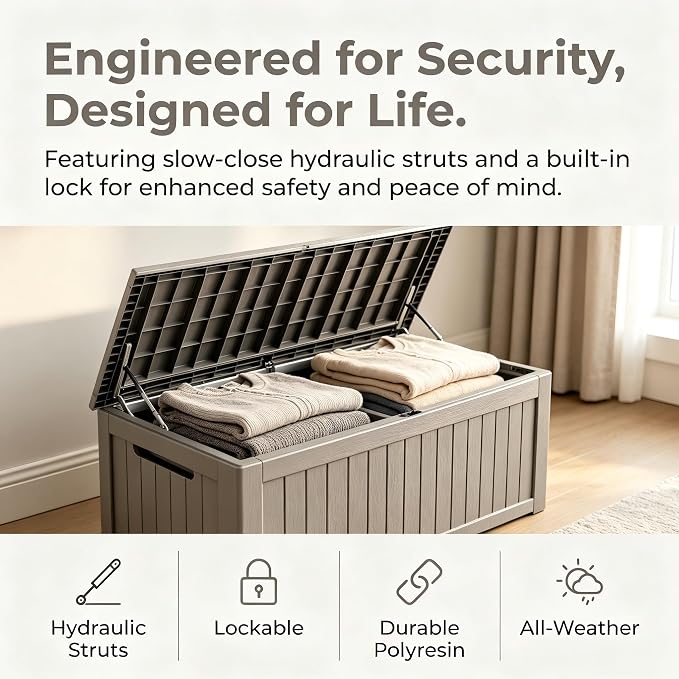 152 Gallon Outdoor Deck Storage Box, Large Waterproof Resin Patio Storage Box, Lockable Bench Seat Holds 2 Adults, for Garden Tools, Cushions & Pool Floats, UV & Rust Resistant, Gray Brown
