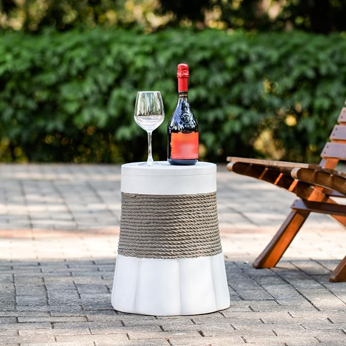 Outdoor Light Gray & Brown Retro Woven Rope & Fan-Base MGO Side Table – End Table for Home, Office, Living Room & Outdoor (white-25)