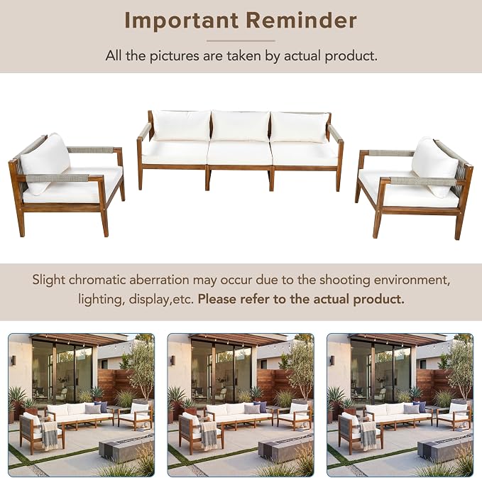 GDFStudio 3 Piece Patio Furniture Set, Acacia Wood Outdoor Sofa Set with Cushions, Rope Woven Conversation Set, 3 Seat Couch & 2 Chairs for Backyard Patio Deck Porch Garden Poolside, Beige