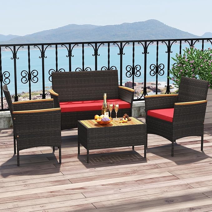Tangkula 4 Pieces Patio Wicker Sofa Set, 2 Rattan Chairs & Loveseat w/Coffee Table, Acacia Wood Armrests & Tabletop, Outdoor Cushioned Conversation Set for Backyard, Poolside (Red, 4 Pieces)