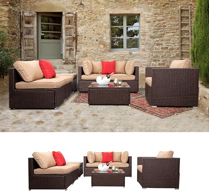 7 Pieces Outdoor Patio Furniture Sets, Outdoor Sectional Rattan Sofa, Wicker Patio Conversation Set, Patio Couch with Coffee Table for Backyard Garden,Patio Couch Outdoor Chairs Coffee Table