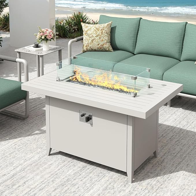 5-Seat Aluminum Patio Conversation Set, Modern Outdoor Sofa with Oversized Fire Pit Table (Glass Wind Guard), 6.5" Thick Cushions, All-Weather for Balcony, Garden (White)