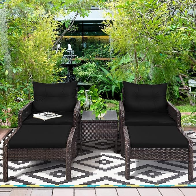 Tangkula 5 Pieces Wicker Patio Furniture Set, PE Rattan Outdoor All Weather Cushioned Sofas and Ottoman Set, 2-Person Outside Conversation Set for Lawn, Poolside, Yard, Balcony, Deck, Black