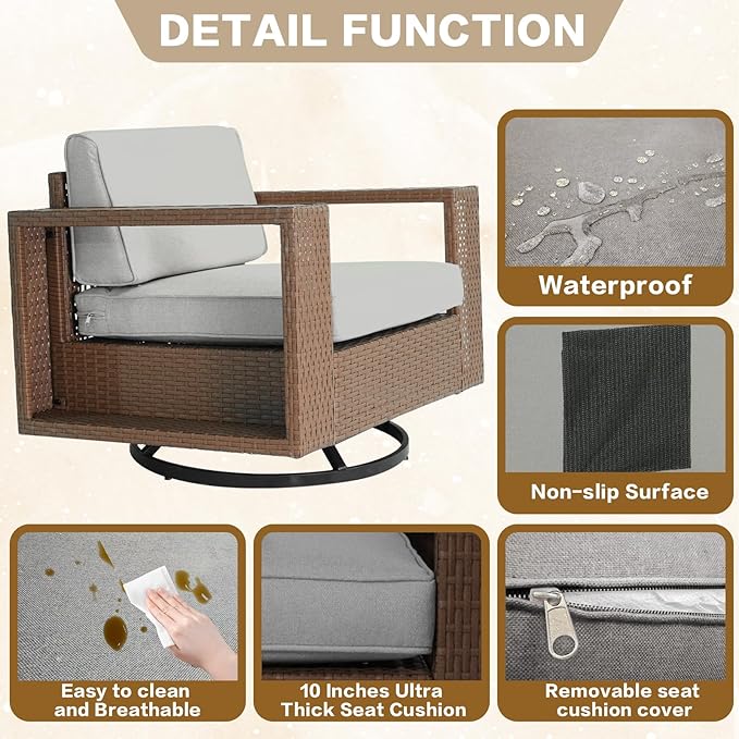 3-Piece Outdoor Patio Rocker Chair Sofa Set, PE Rattan Weaving Sofa with Thick Cushions, Coffee Table with Steel Frame and Wooden Board, Outdoor Conversation Set Brown/Light Gray Linen