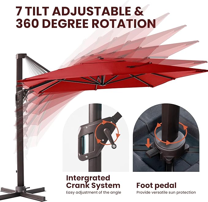 9' X 12' Cantilever Patio Umbrella Rectangular Outdoor Large Offset Umbrellas with 7 Tilts Adjustable 360°Rotation for Deck Pool Garden Backyard, Red