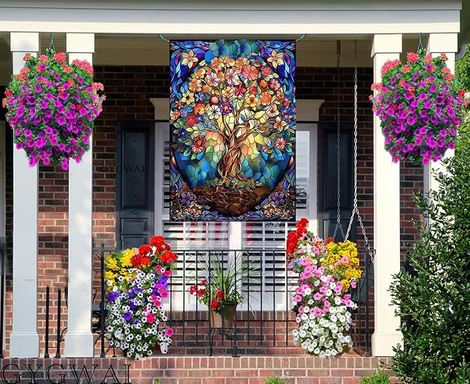 Floral Tree of Life Garden Flags for Outside, Stained Glass Spring Summer House Flag Large Burlap Yard Flag Double Sided Seasonal Outdoor Decoration 28x40 Inch