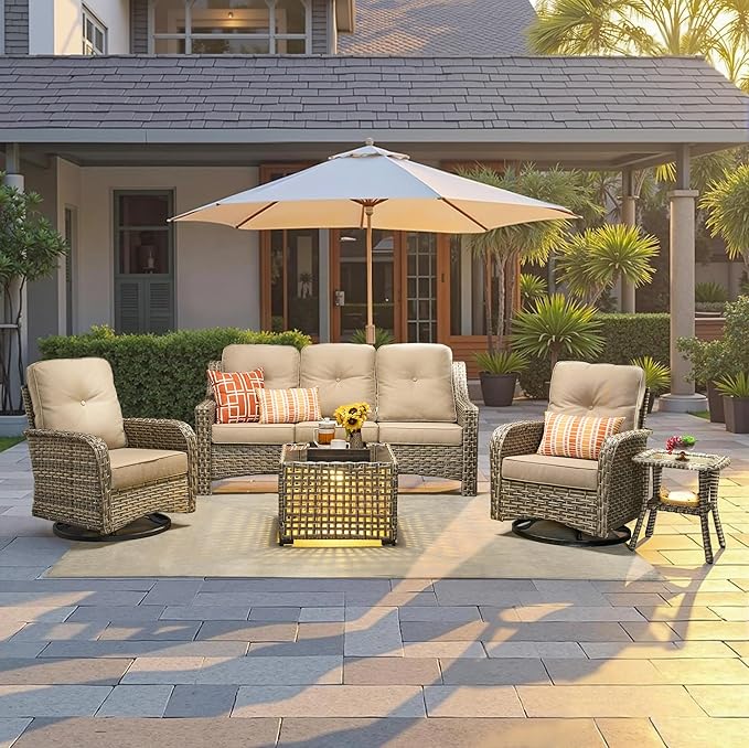 Outdoor Patio Furniture Set, 5-Piece PE Wicker Sofa with Shiny Table and Swivel Chairs, Outdoor Conversation Set for Patio, Garden, Backyard Beige