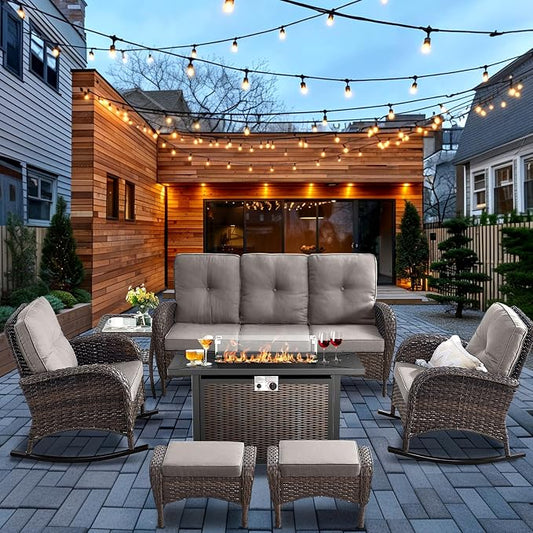 HUMMUH 7-Piece Outdoor Patio Furniture with Fire Pit Set,Wicker Patio Sofa Set Outdoor Rocking Chairs with Ottomans for Backyard,Poolside,Deck