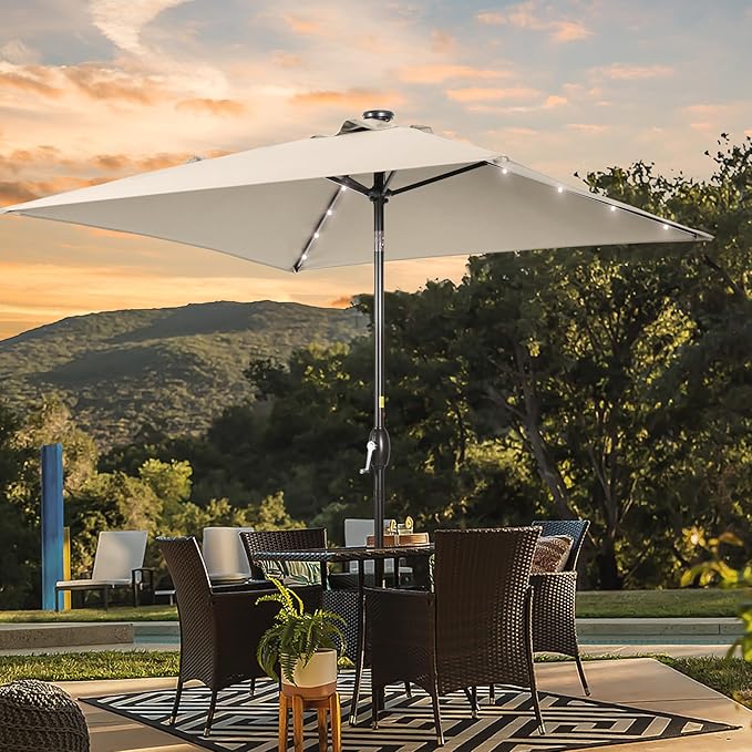 Square Patio Umbrella With Solar Lights, 6.5x6.5ft Square Umbrella Outdoor Patio with Tilt and Crank for Pool, Deck, Garden,Backyard
