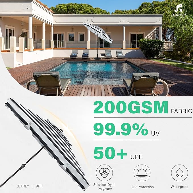JEAREY 9' 2-Tiers Patio Umbrellas Outdoor Market Table Umbrella w/Push Button Tilt/Crank, 8 Sturdy Ribs, UV Protection Waterproof Sunproof(Black Stripe)