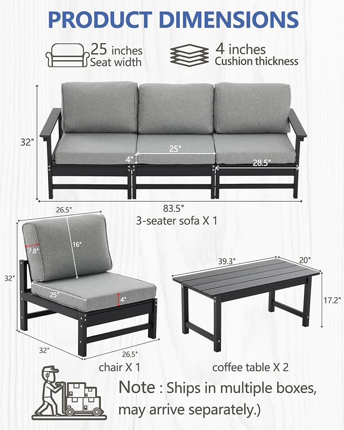 HDPE Outdoor Patio Furniture Set, 6-Piece Sofa Set with 4-Seat Couch 2 Coffee Tables, Weatherproof Conversation Set with Cushions, All-Weather Waterproof, for Garden, Porch & Backyard