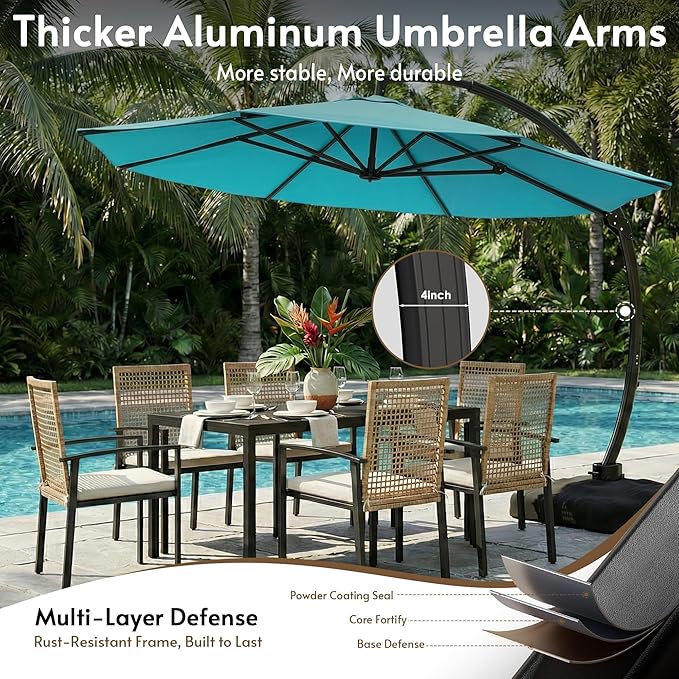 11FT Cantilever Patio Umbrella with Base Included, Large Cantilever umbrella with 360°Rotation, Heavy-Duty Offset Outdoor Umbrella for Patio,Pool,Garden and Backyard (Turquoise)