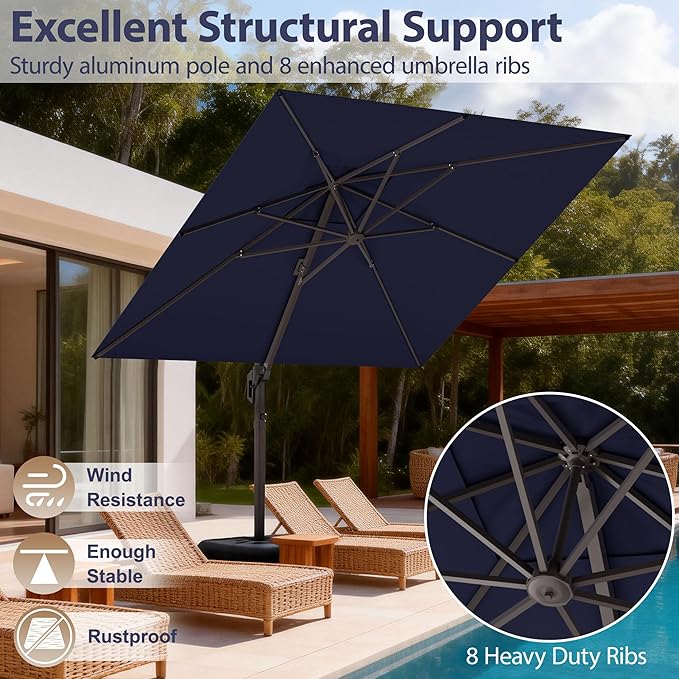 10' X 10' Patio Umbrella Cantilever Outdoor Rectangle Umbrella, Heavy Duty 360°Rotation Offset Umbrella for Garden Deck Pool Patio, Navy Blue