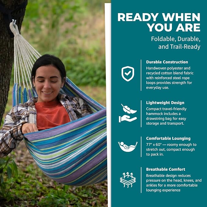 Bliss Hammocks 60" W Double Outdoor Hammock with Hand-Woven Rope Loops & Tree Straps, Patio, Durable, Cotton/Polyester, 265 Lbs Capacity, Malibu Stripe