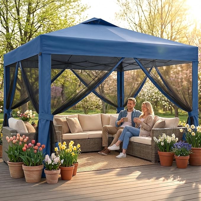 10x10 Pop Up Canopy Tent with Netting,Outdoor Portable Instant Folding Gazebo with 4 Ropes,4 Sandbags and Wheeled Storage Bag,3 Height Positions,Canopy for Patio,Yard,Camping (Blue)