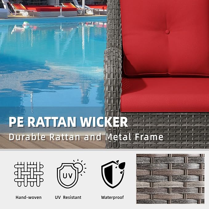 5 Pcs Patio Furniture Set with Fire Table-31'' Fire Pit Table, 4 Outdoor Rattan Wicker Conversation Chairs (4 Fixed Chairs) (Red)